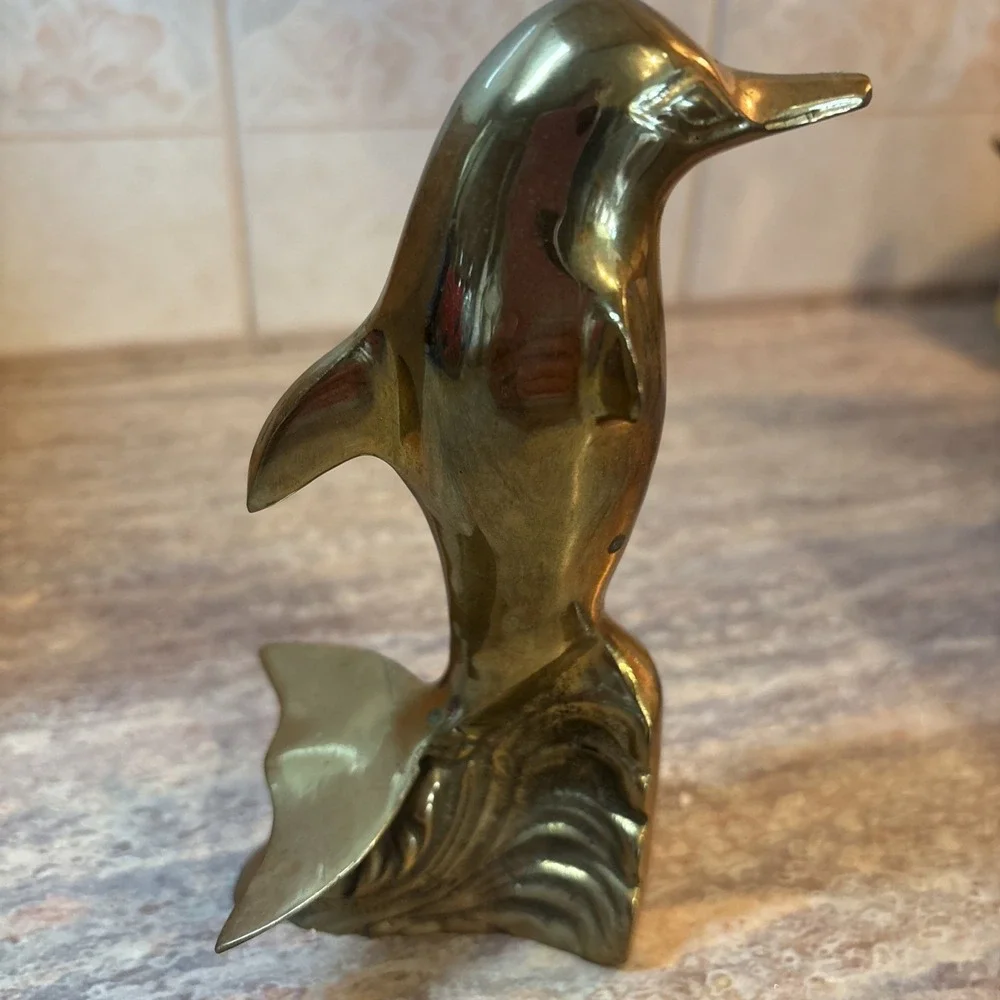 VTG Dolphin Brass figure Standing Riding Wave Surfing 5.5 inches tall dolphin